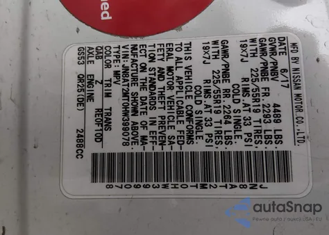 2017 Nissan Rogue Sl z USA, uszkodzony, nr VIN JN8AT2MT0HW399078